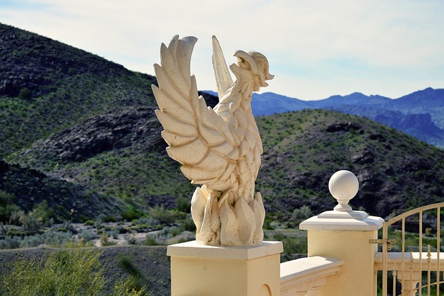 phoenix, statue, mold, figure, nature, sculpture, concrete, desert, hills, arizona, sonoran desert, beautiful, griffin, wealth, patio, decoration, ornament, lake havasu